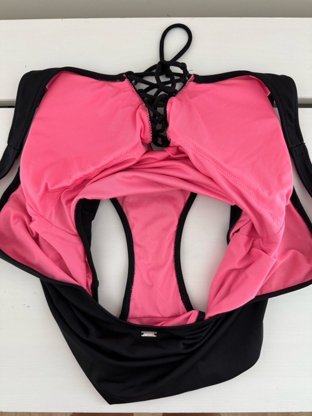Victoria’s Secret PINK Black Lace Up One Piece Swimsuit Pink Lining Medium - Picture 4 of 10